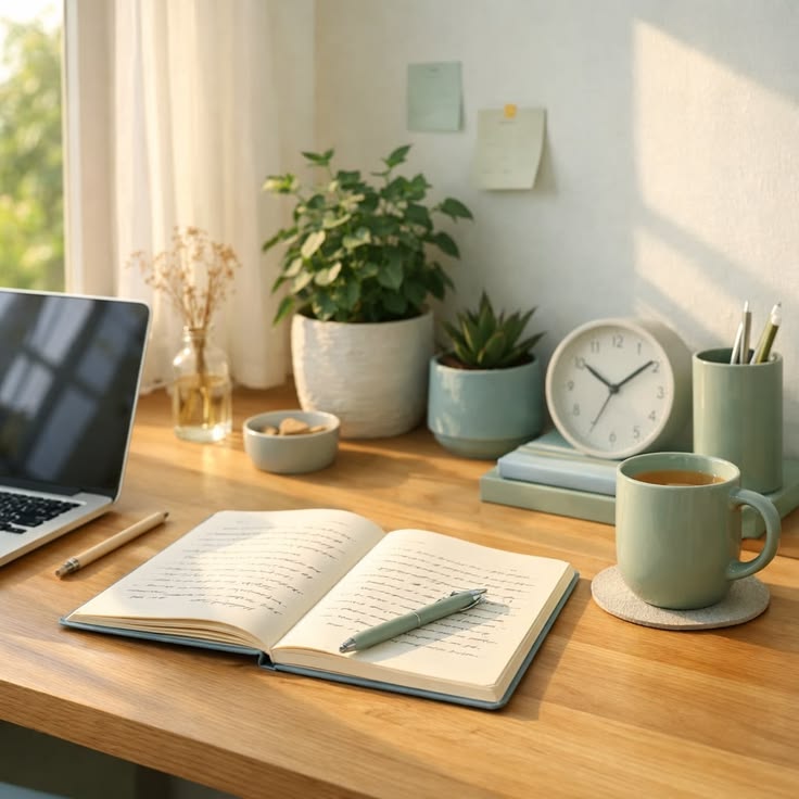 Organised workspace with journal and tea representing a calm learning environment